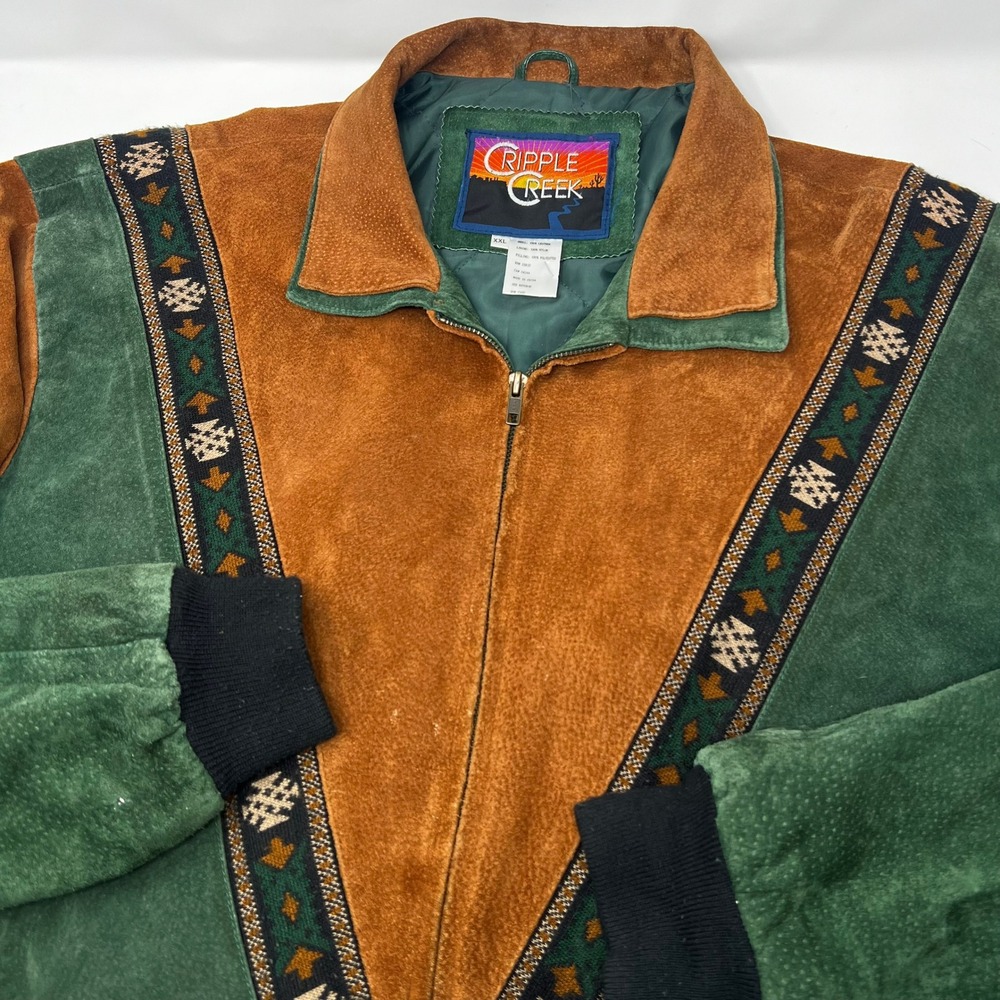Vintage Cripple Creek Mens XXL Suede Leather Southwestern Bomber Jacket Green